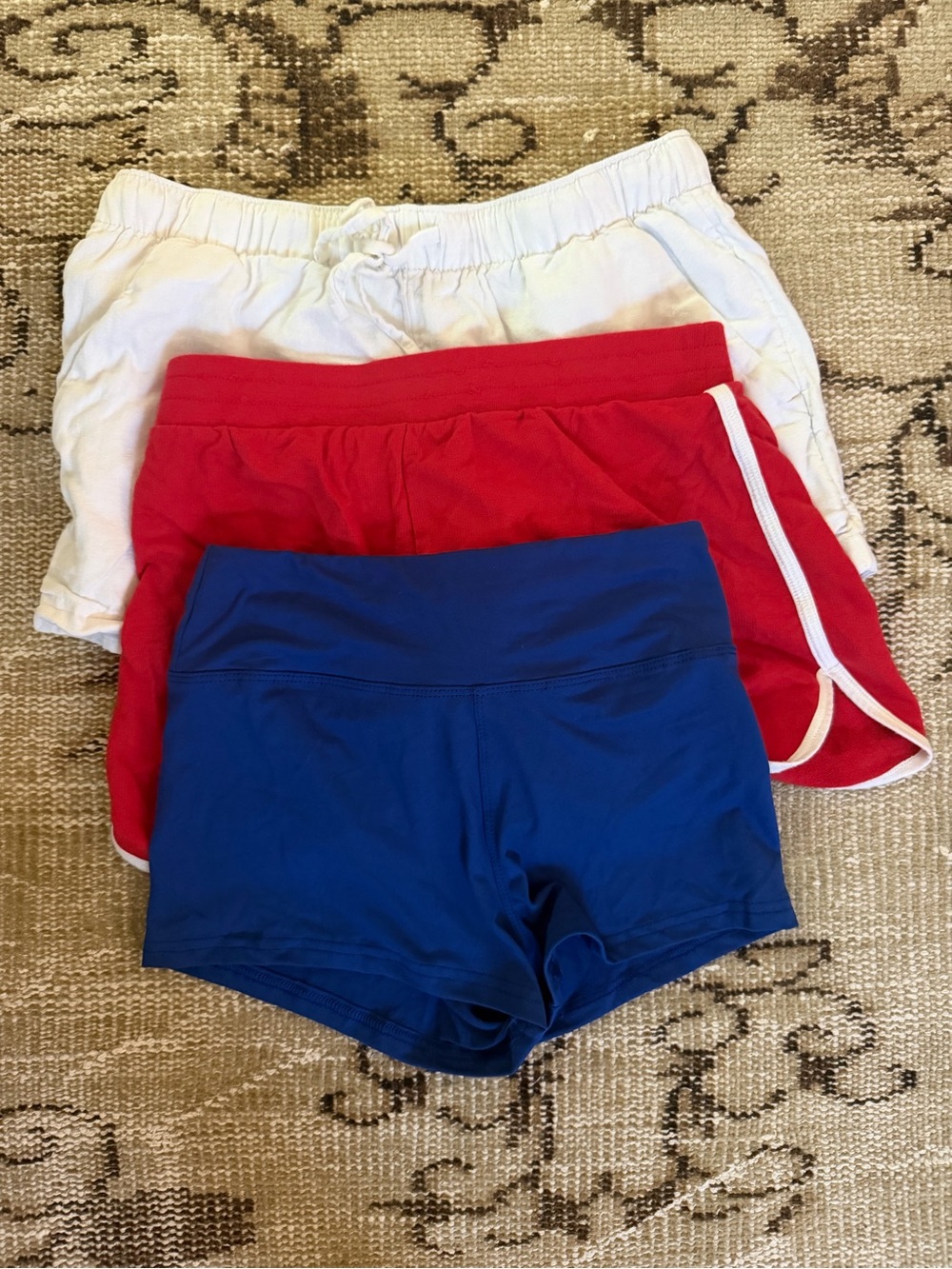 Women’s Active Shorts Trio — White, Red & Blue